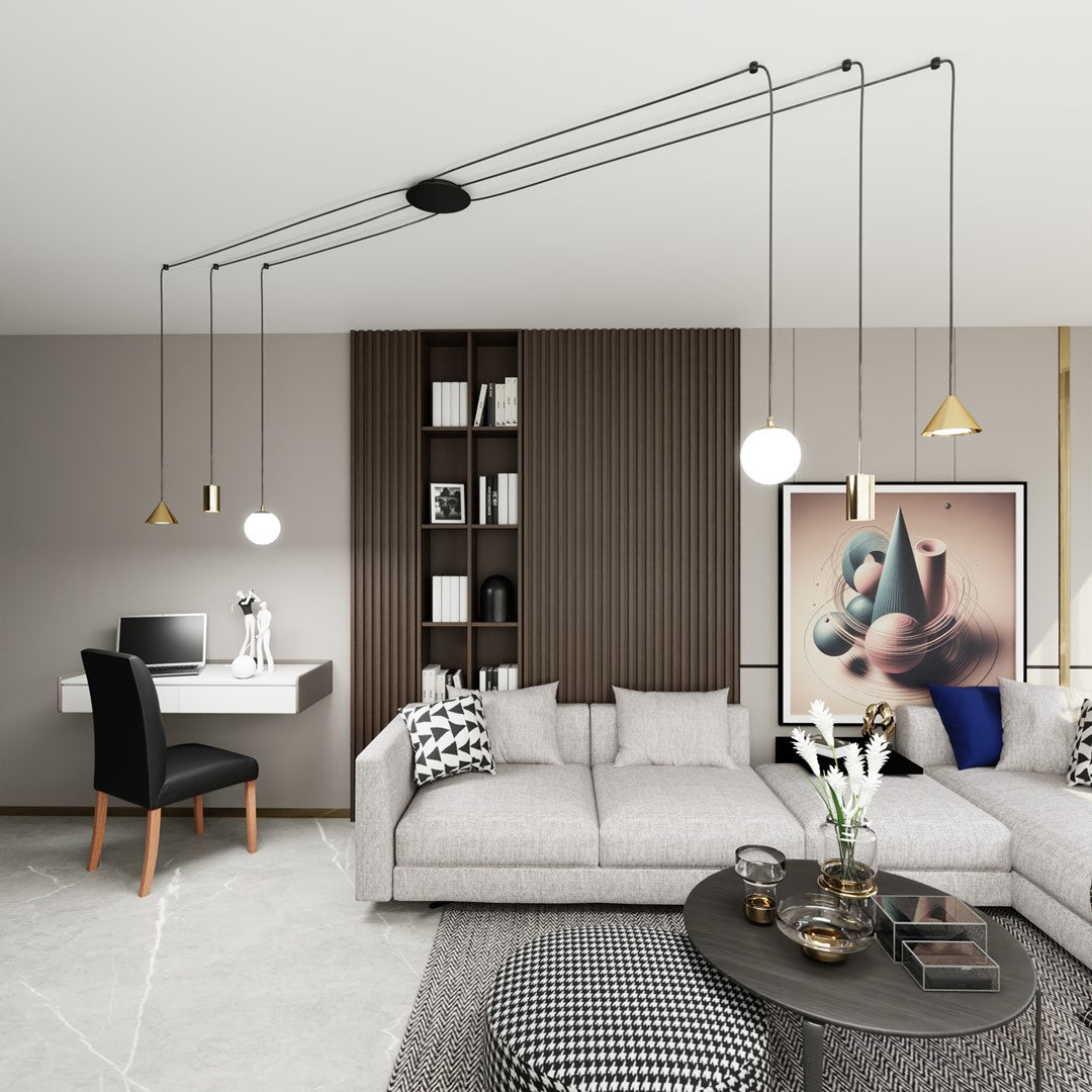 Autre angle de la pièce avec la suspension dorée et ses globes opalins