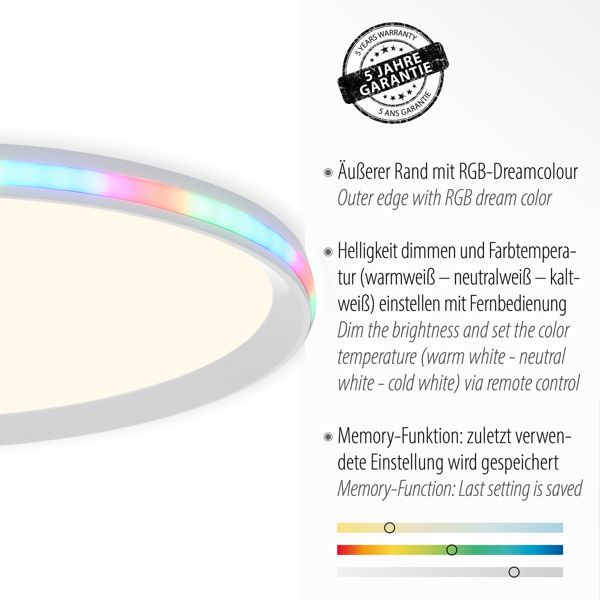 Détail du bord extérieur RGB avec textes sur la garantie et la mémoire