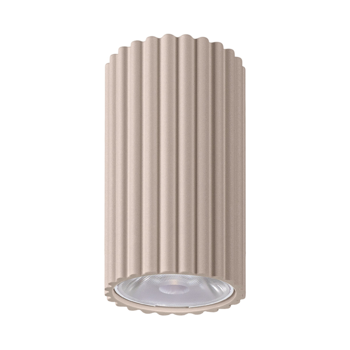 Plafonnier beige cannelé vu de dessous, lentille LED et réflecteur visibles.