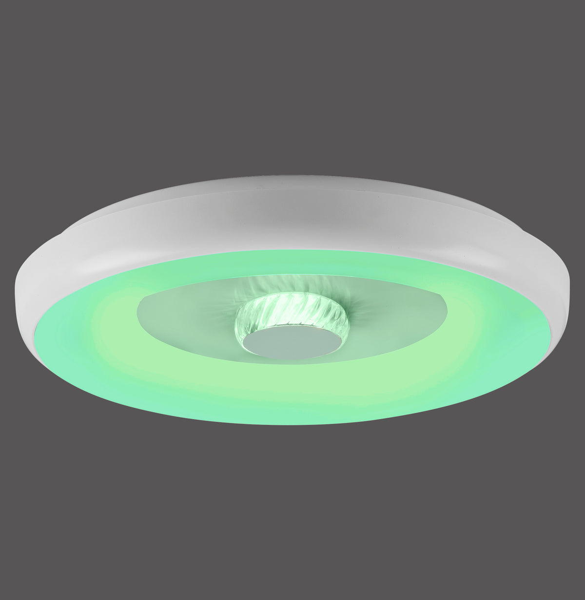 Vue de face du plafonnier rond blanc, anneau lumineux vert et centre en verre texturé.