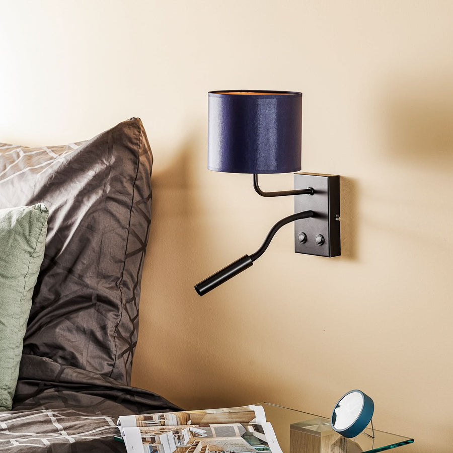 Applique murale Soho en tissu, bleu foncé et noir, 2 lumières, hauteur 38 cm