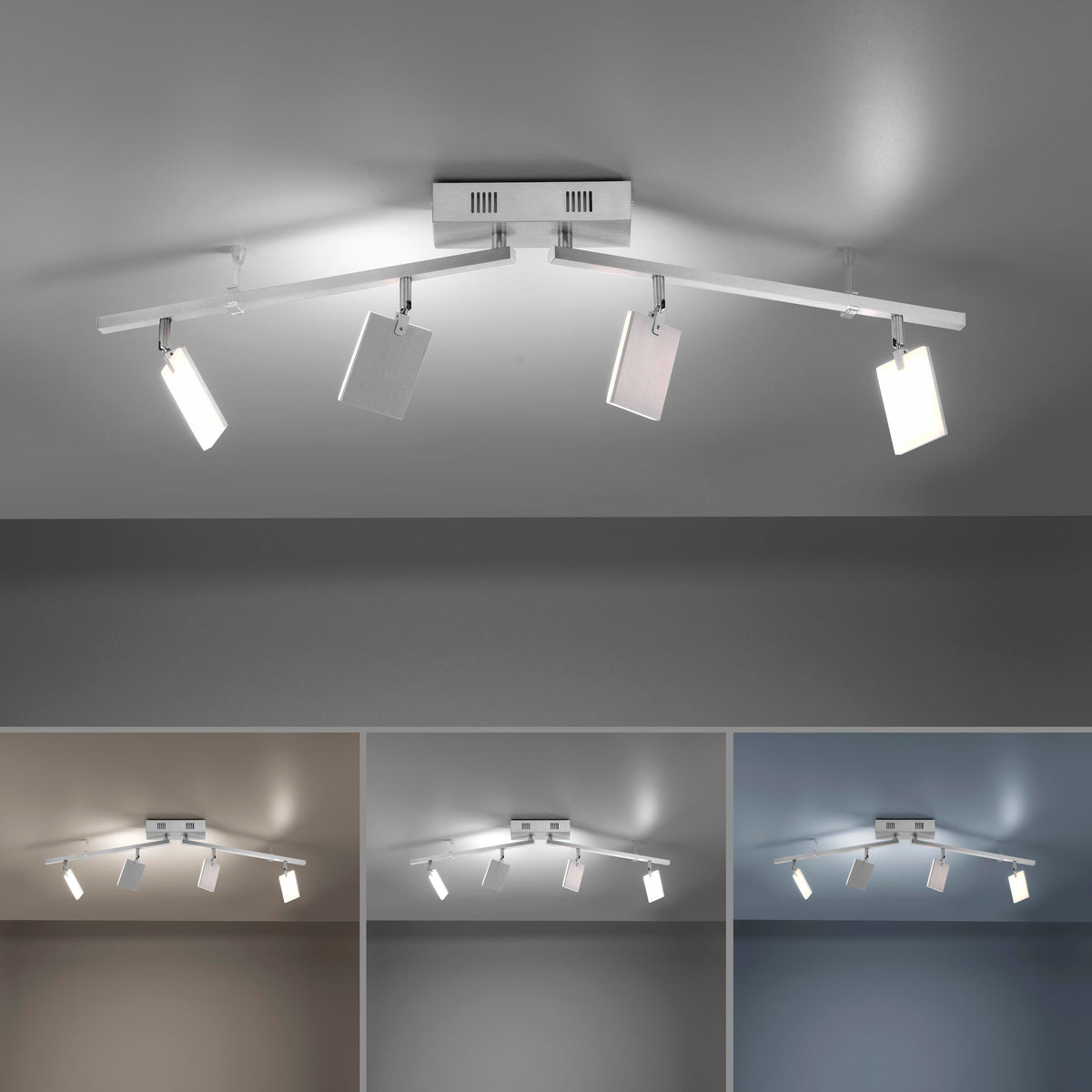 Plafonnier allumé sur plafond gris avec trois températures de couleur.