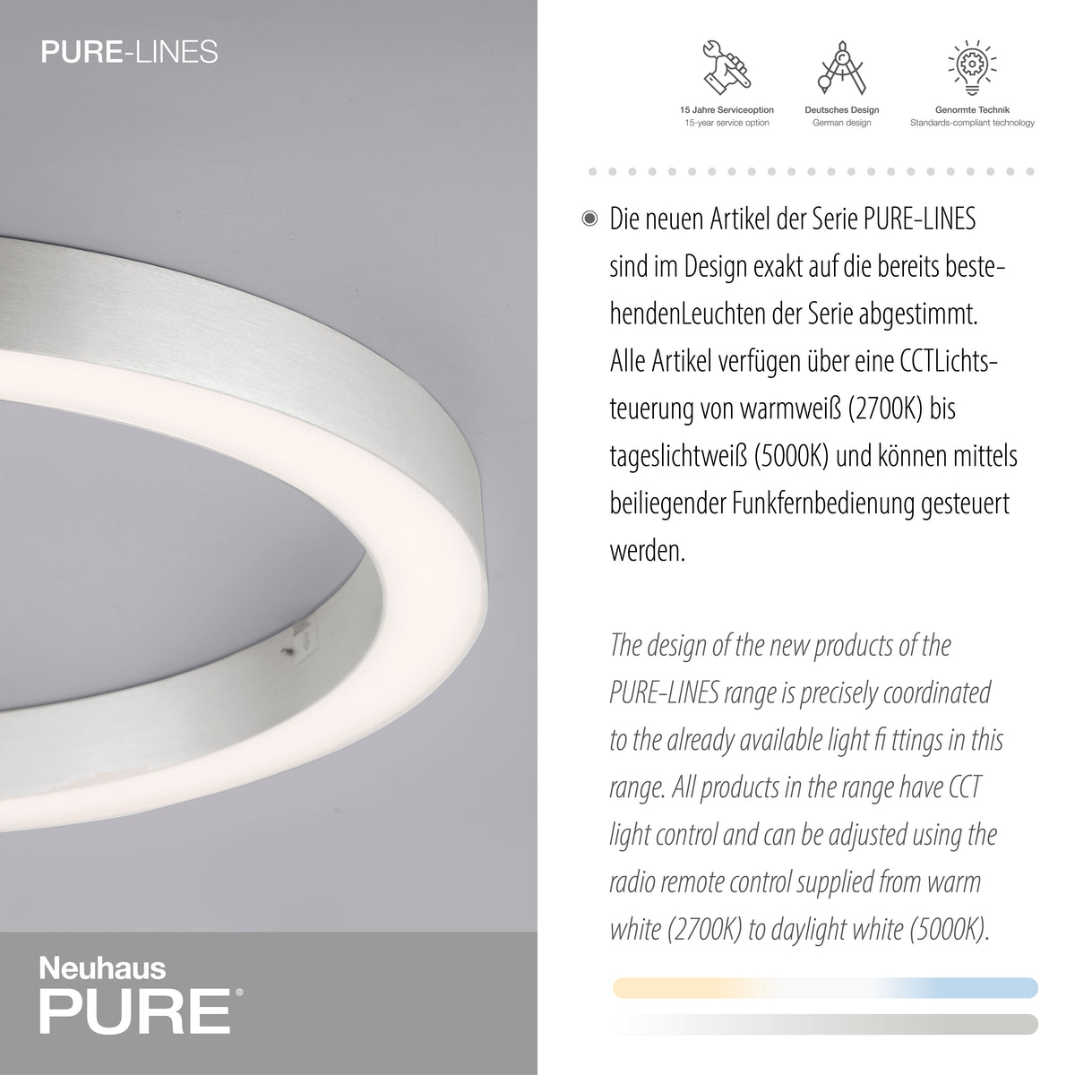Gros plan sur l'anneau lumineux et texte de présentation de la gamme Pure-Lines