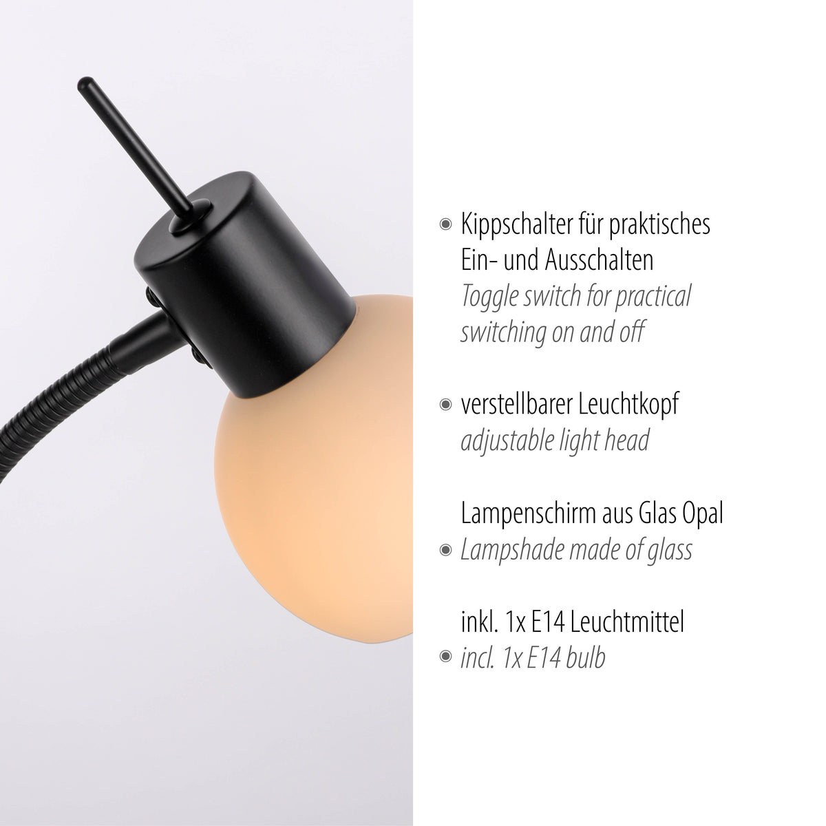 Gros plan sur la tête orientable, interrupteur et abat-jour en verre opalin, avec textes techniques.
