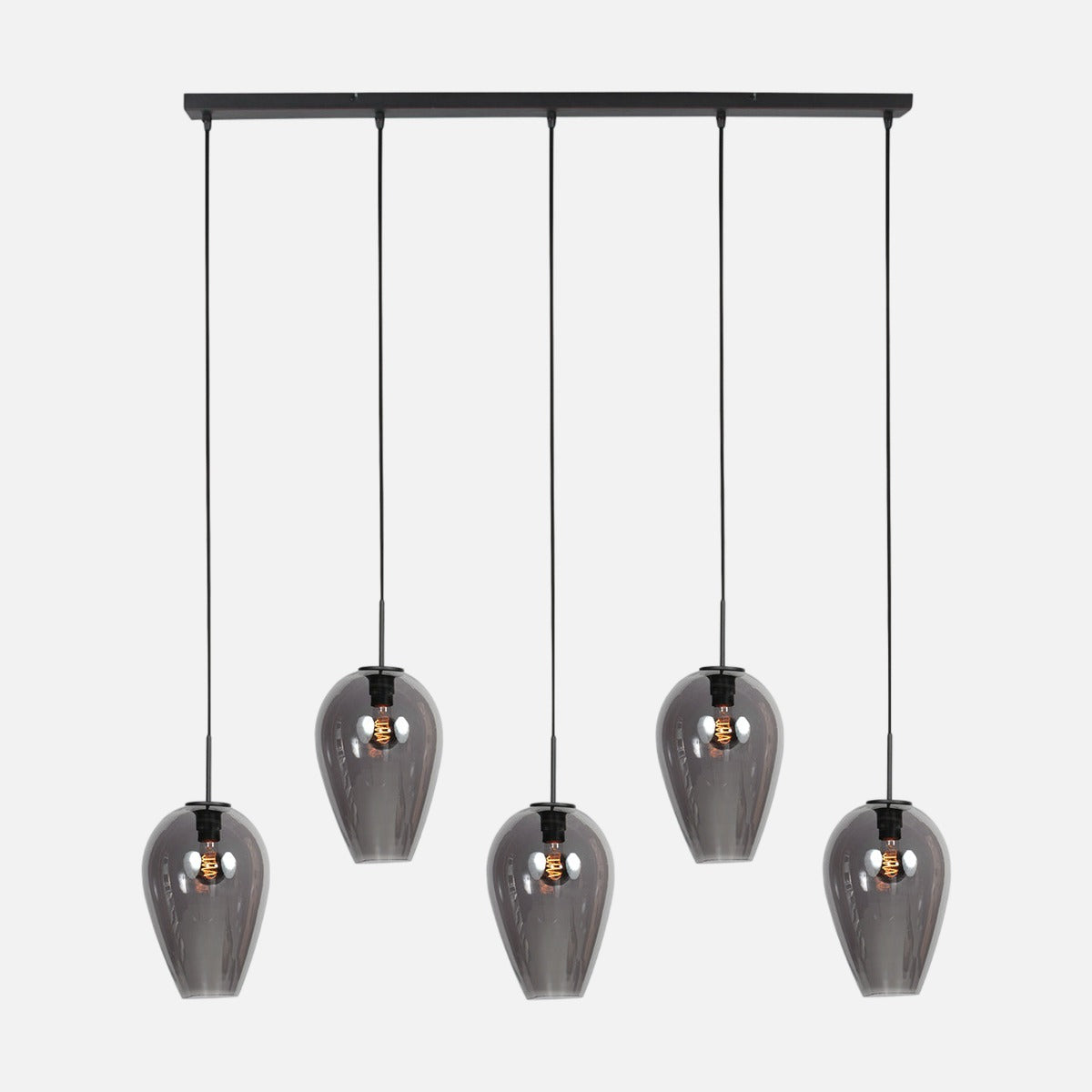 Suspension linéaire en verre fumé, 5 verres goutte noirs sur barre de 110 cm
