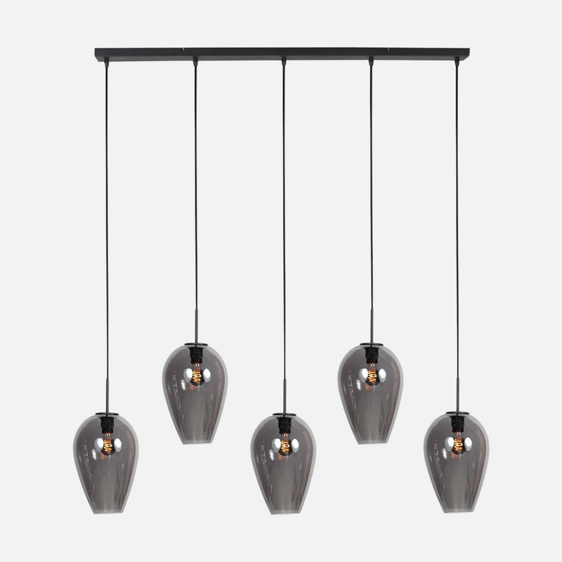 Hängeleuchte Glas rauchfarben Tropfen, 5 Gläser an Schiene 110 cm | Drovia