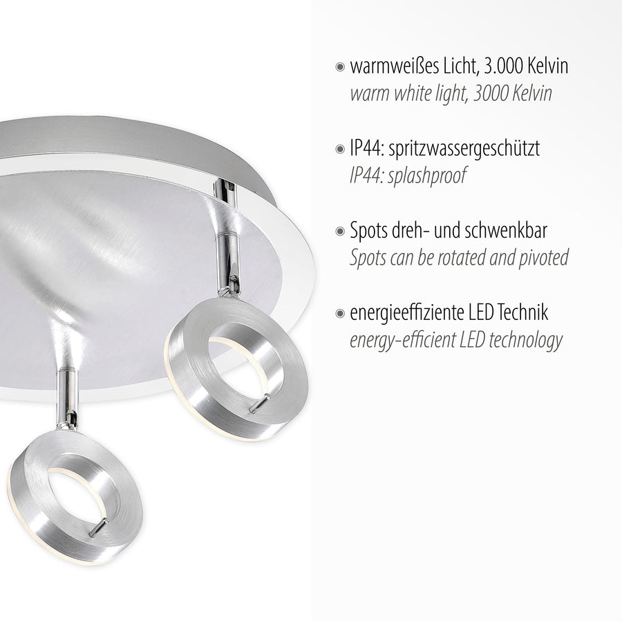 Gros plan sur les spots orientables avec liste des caractéristiques techniques
