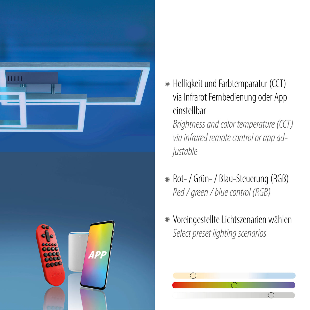 Détail du bandeau lumineux et accessoires de commande avec texte sur réglages CCT et RGB