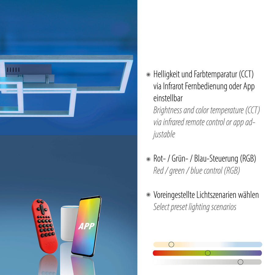 Détail du bandeau lumineux et accessoires de commande avec texte sur réglages CCT et RGB