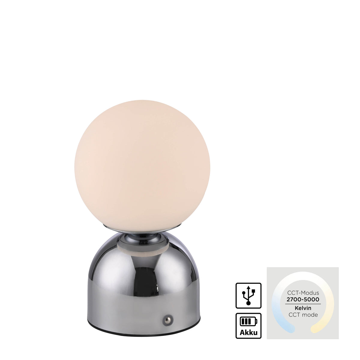 Vue de face sur fond blanc avec icônes USB, batterie et plage 2700-5000 K
