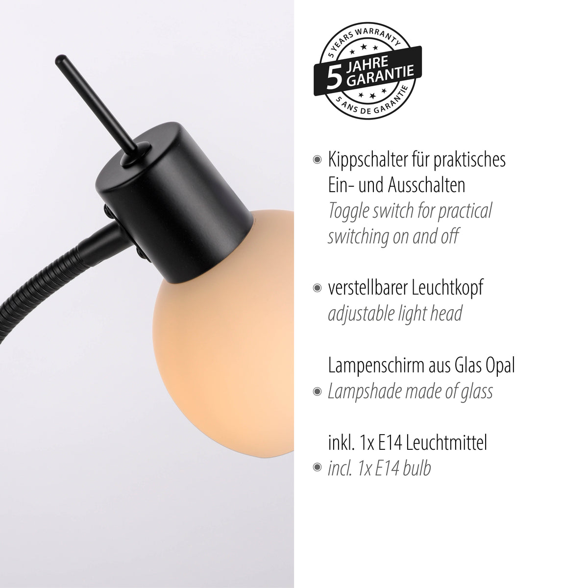 Détail du luminaire avec pastille cinq ans de garantie et mentions sur l’ampoule E14.