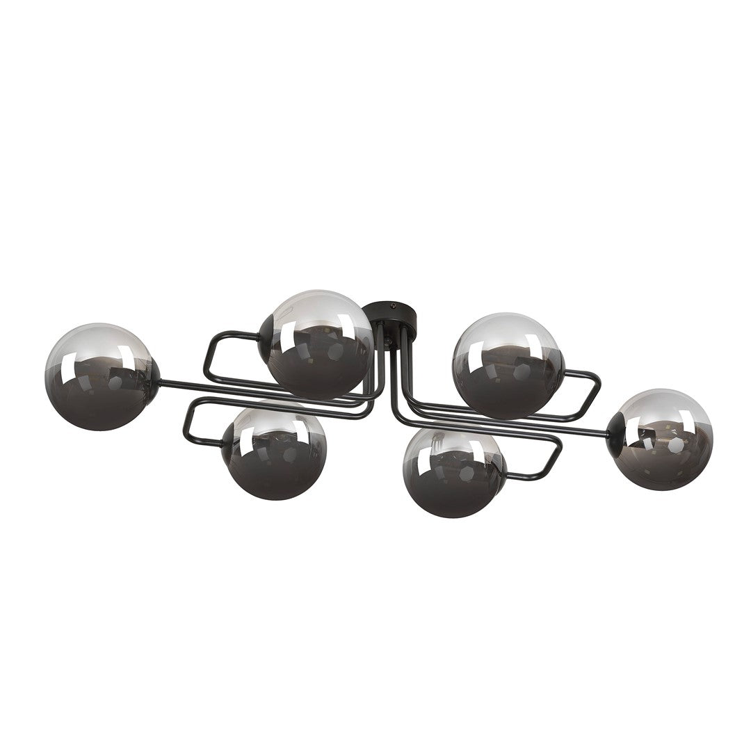 Vue de face du plafonnier noir à six globes de verre fumé