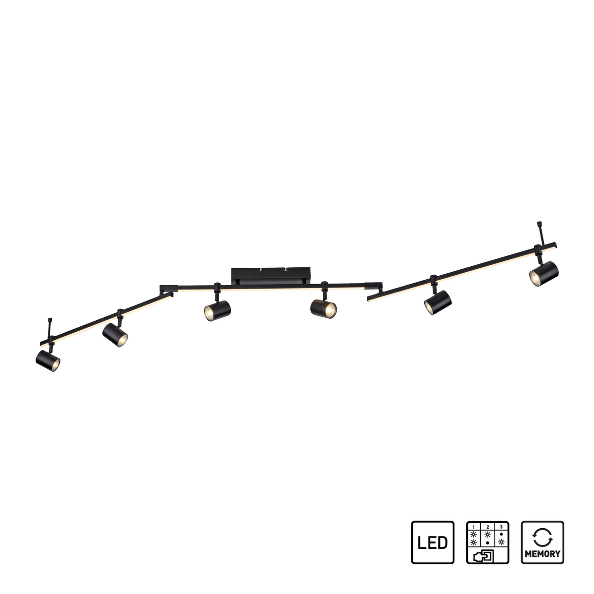 Photo produit sur fond blanc avec icônes LED, variateur et mémoire.