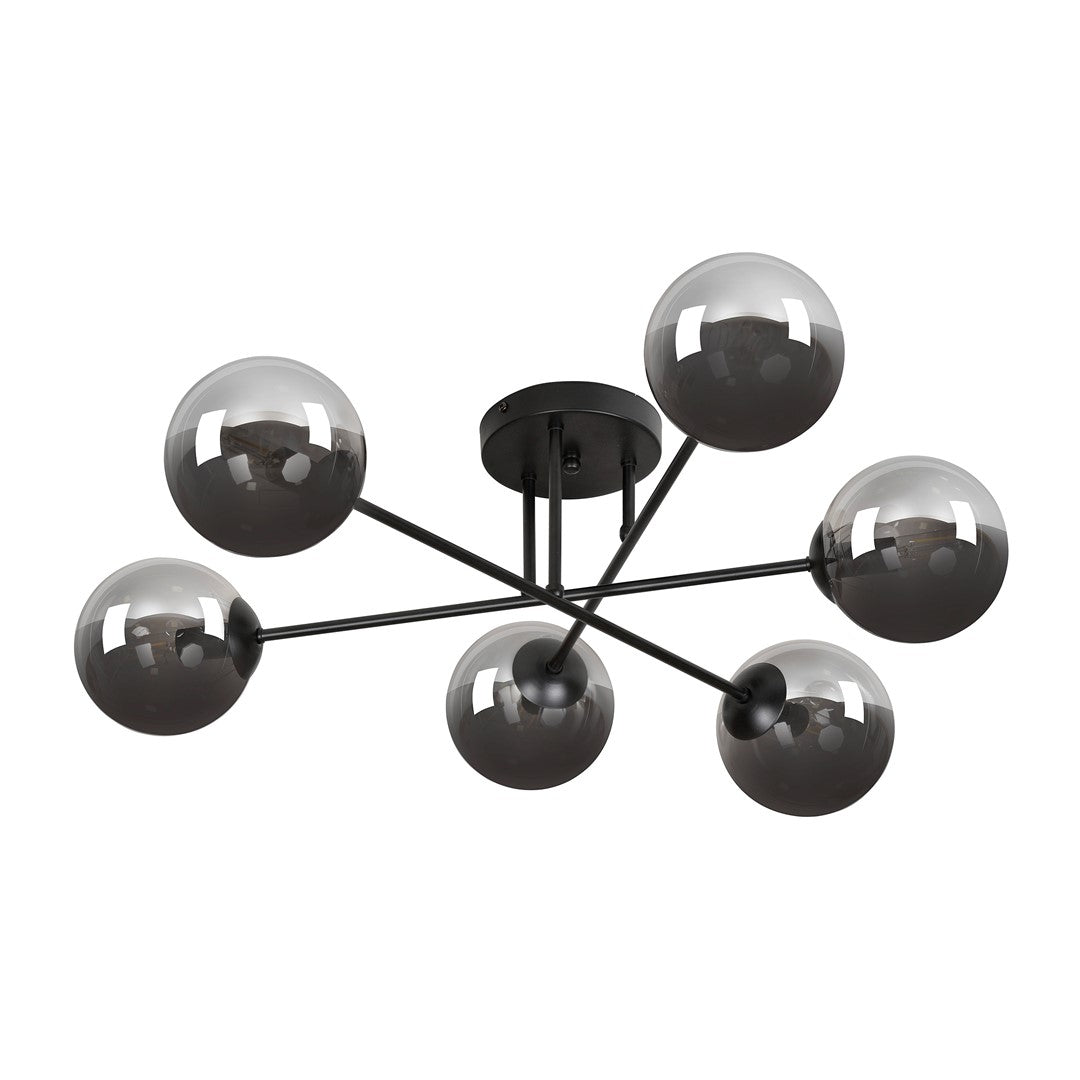 Suspension noire à six globes de verre fumé, vue de face sur fond blanc.