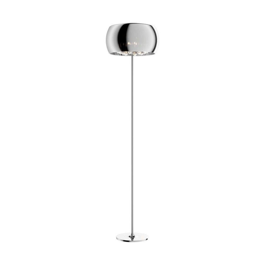 Lampadaire argenté de face sur fond blanc, abat-jour bombé et tige fine.
