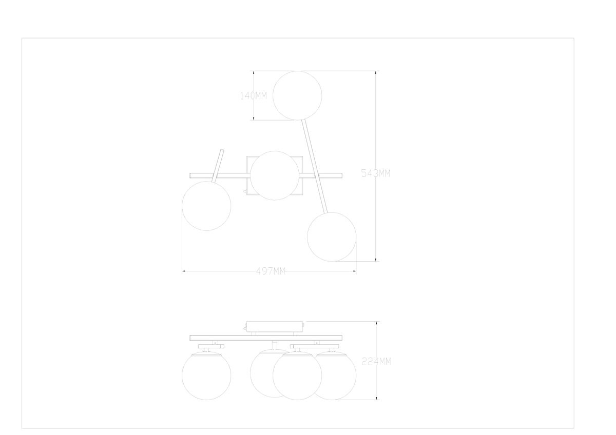 Schéma coté du luminaire avec dimensions 543 mm et 224 mm de hauteur
