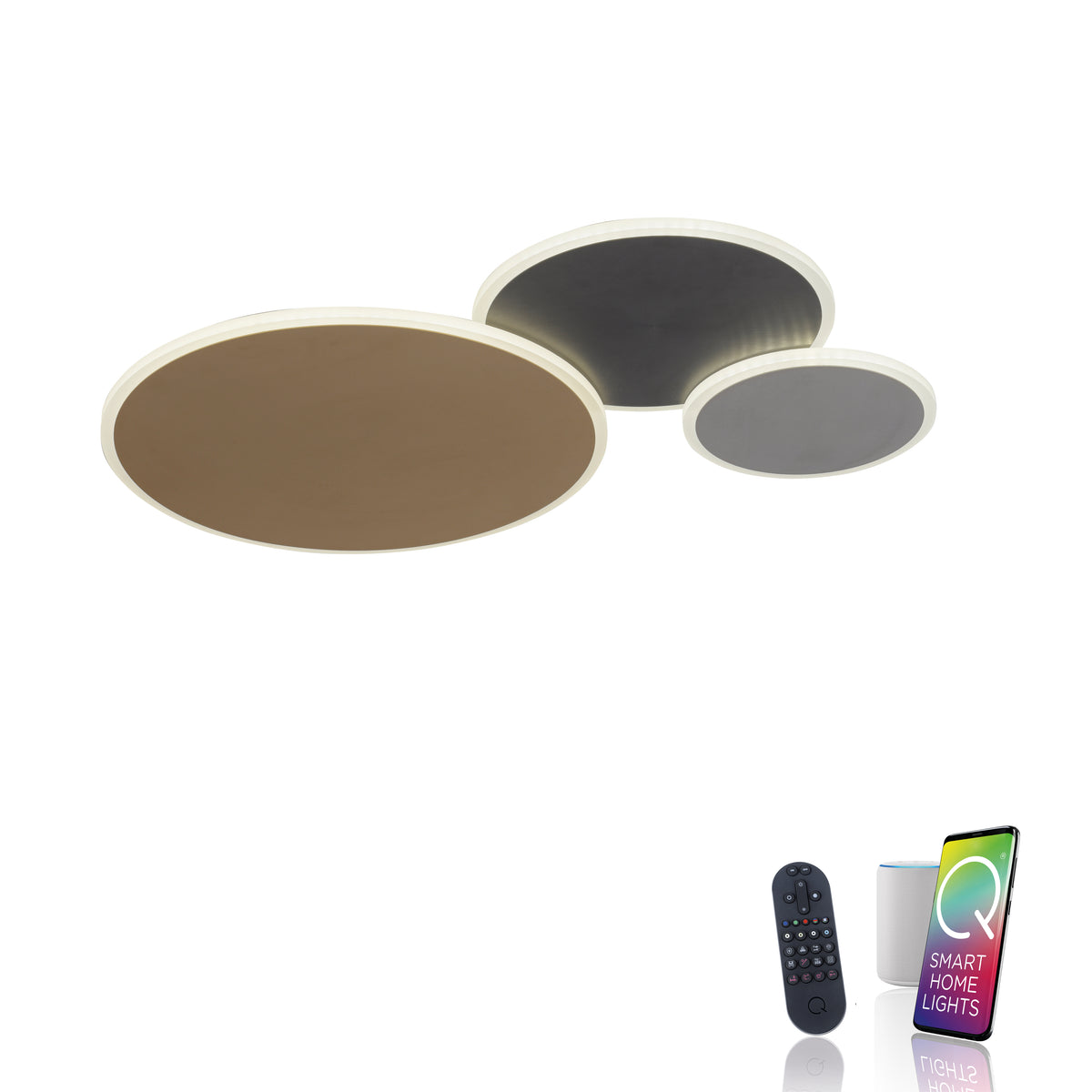 Vue éclatée sur fond blanc des trois disques, avec télécommande, enceinte connectée et smartphone.