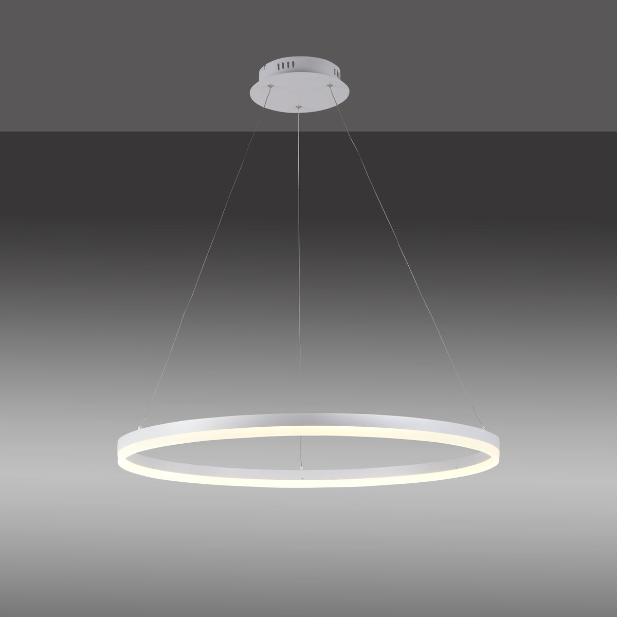 Vue de face de la suspension anneau blanc sur fond dégradé gris.