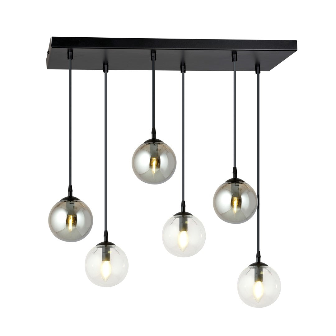 Suspension noire à six globes en verre fumé et transparent, plafonnier rectangulaire allumé