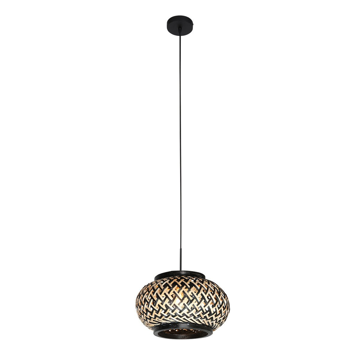 Vue entière du luminaire suspendu avec sa rosace noire et son long câble fin