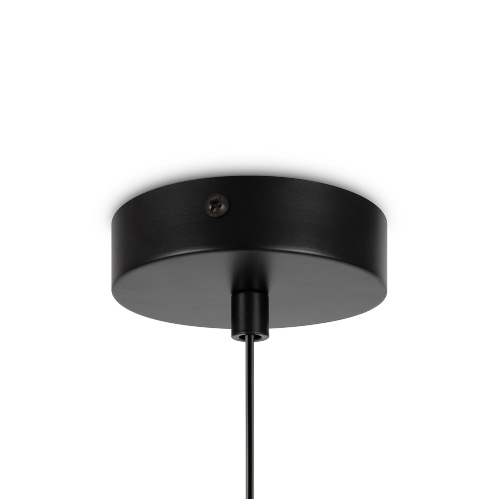 Détail de la rosace circulaire noire fixée au plafond par une vis