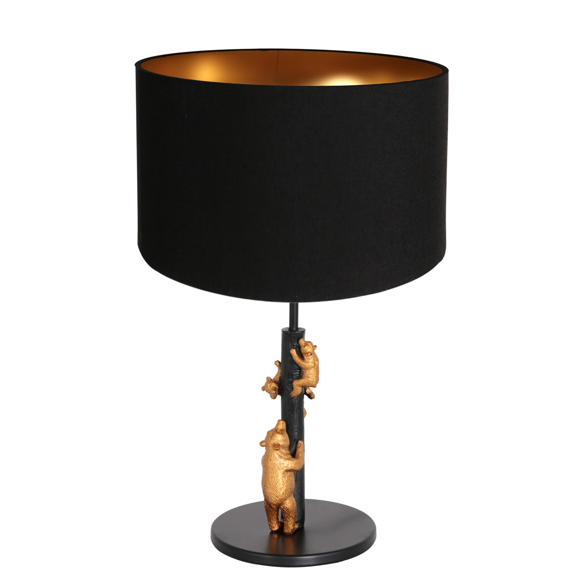 Lampe de table noir et or vue d'ensemble, oursons dorés grimpant le tronc