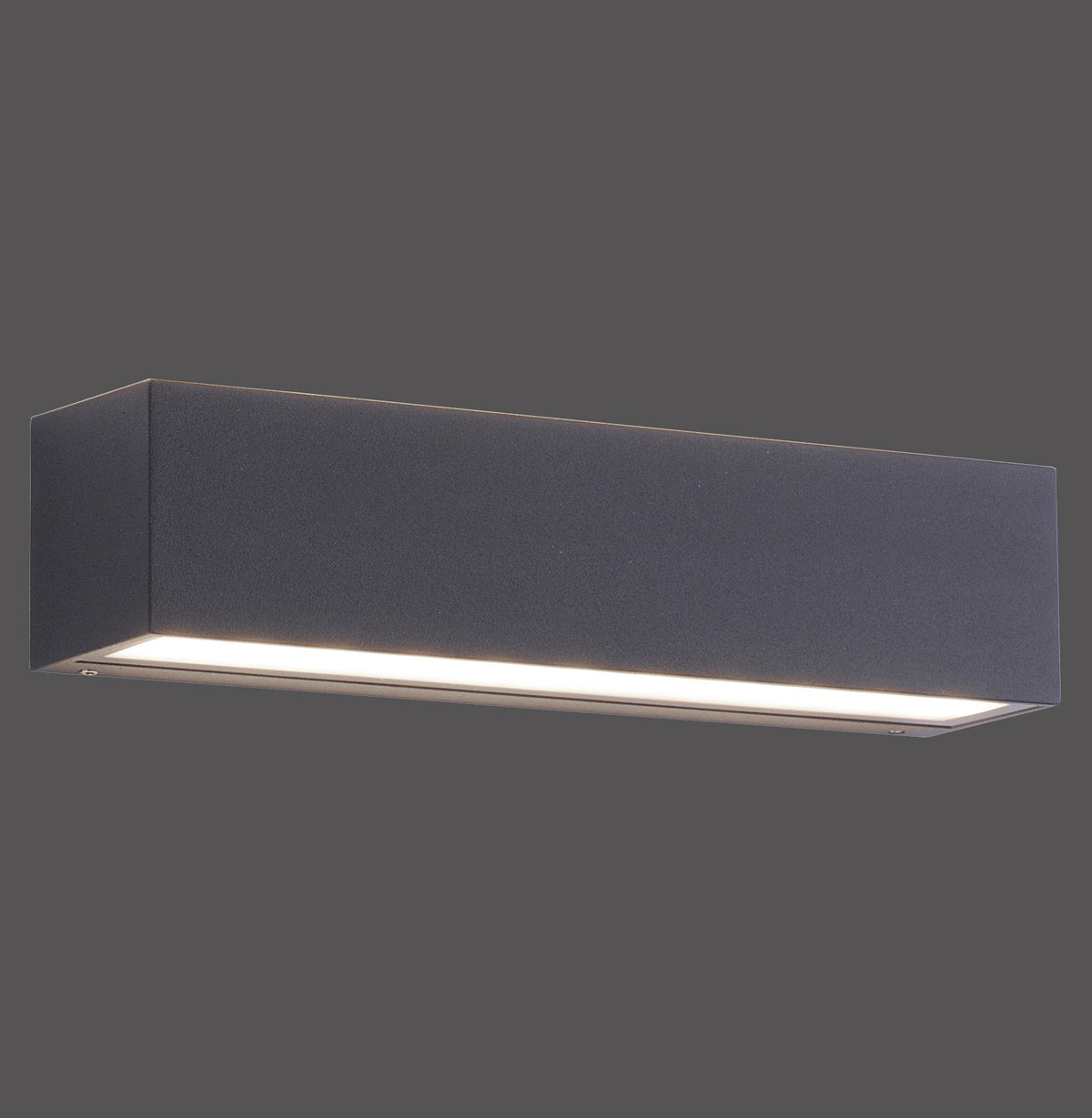 Vue de trois quarts de l'applique murale anthracite avec diffuseur lumineux intégré.
