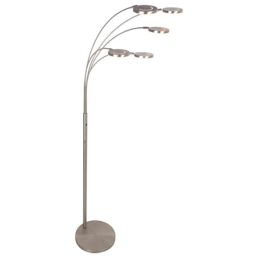 Vue entière du lampadaire cinq lumières, arcs argentés et diffuseurs allumés.