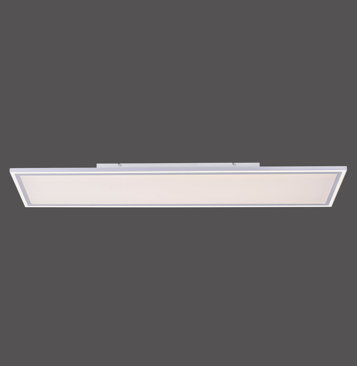 Vue de dessous du plafonnier LED rectangulaire blanc, diffuseur uniforme et fin cadre blanc.
