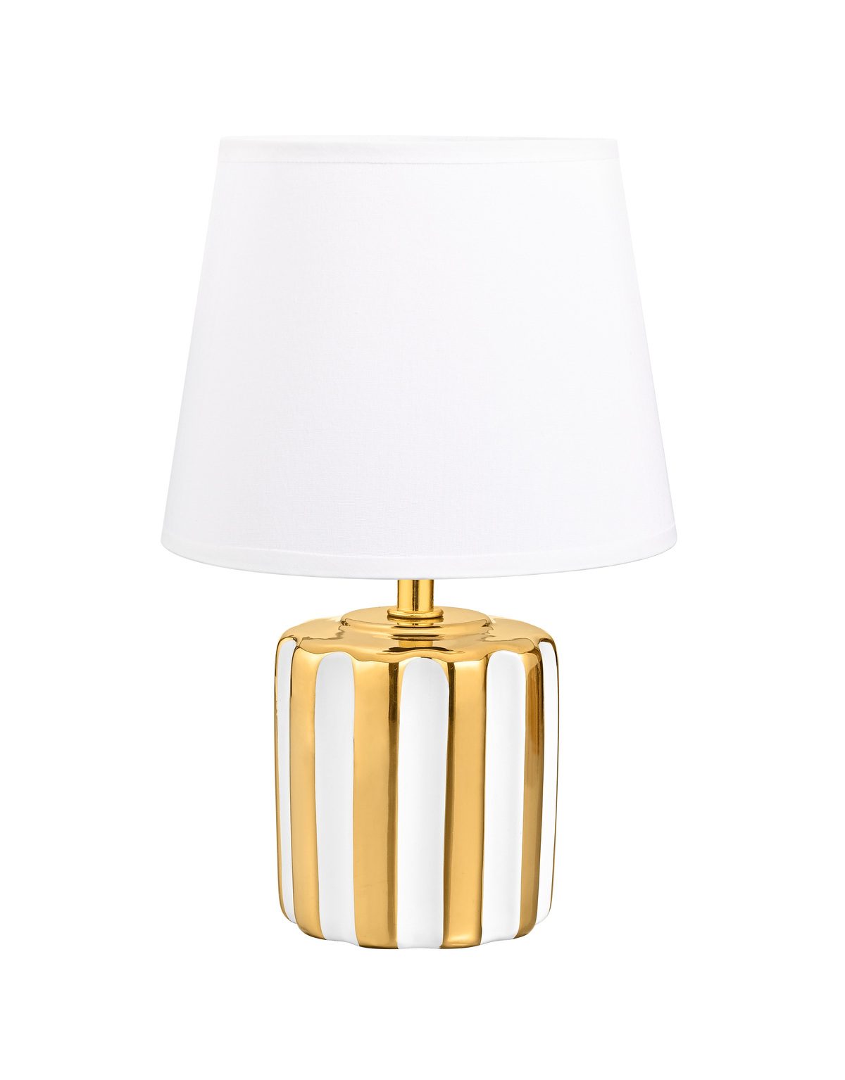 Lampe à poser de face, abat-jour blanc et base cylindrique dorée à rayures.