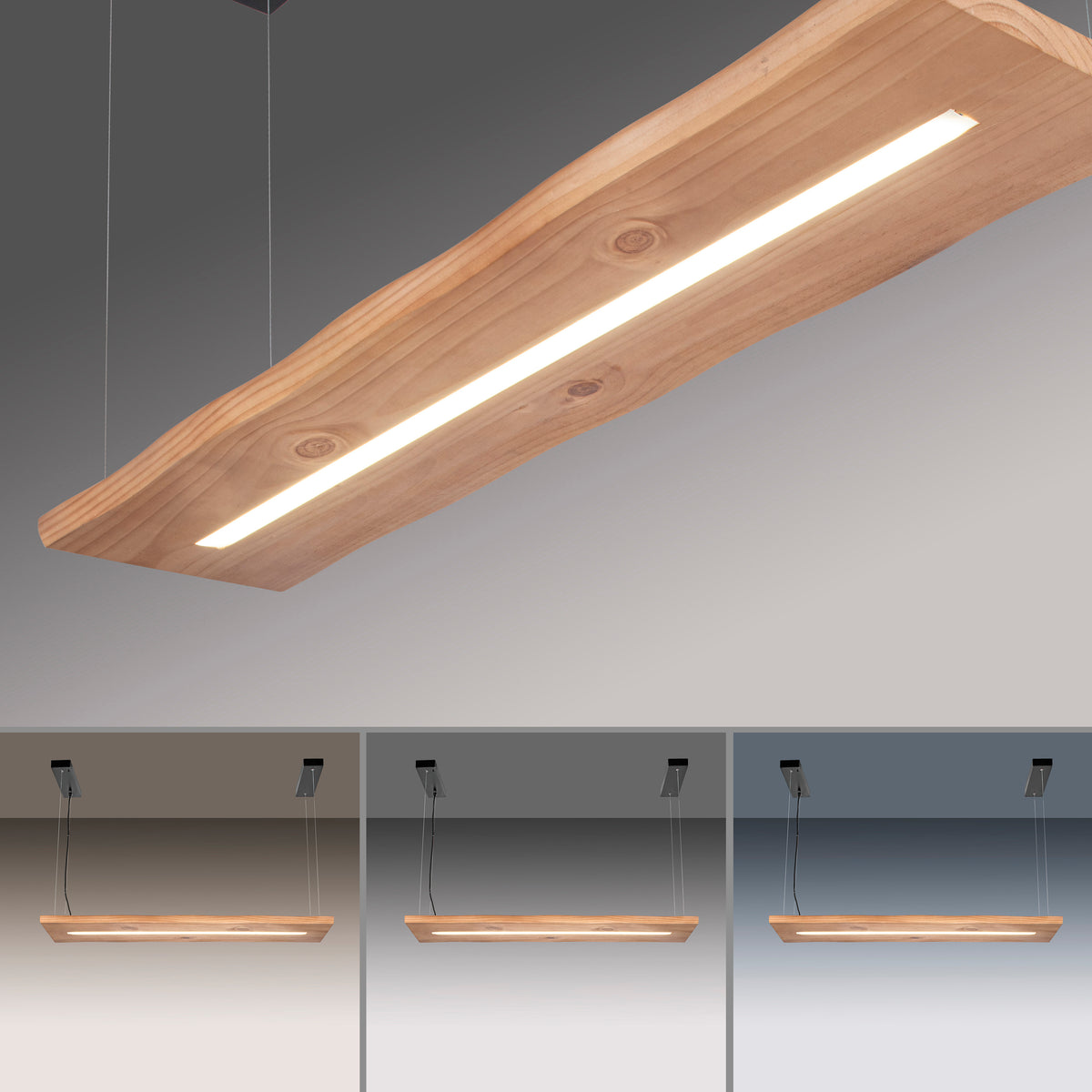 Gros plan du bois noueux et de la bande LED, quatre variantes de lumière blanche