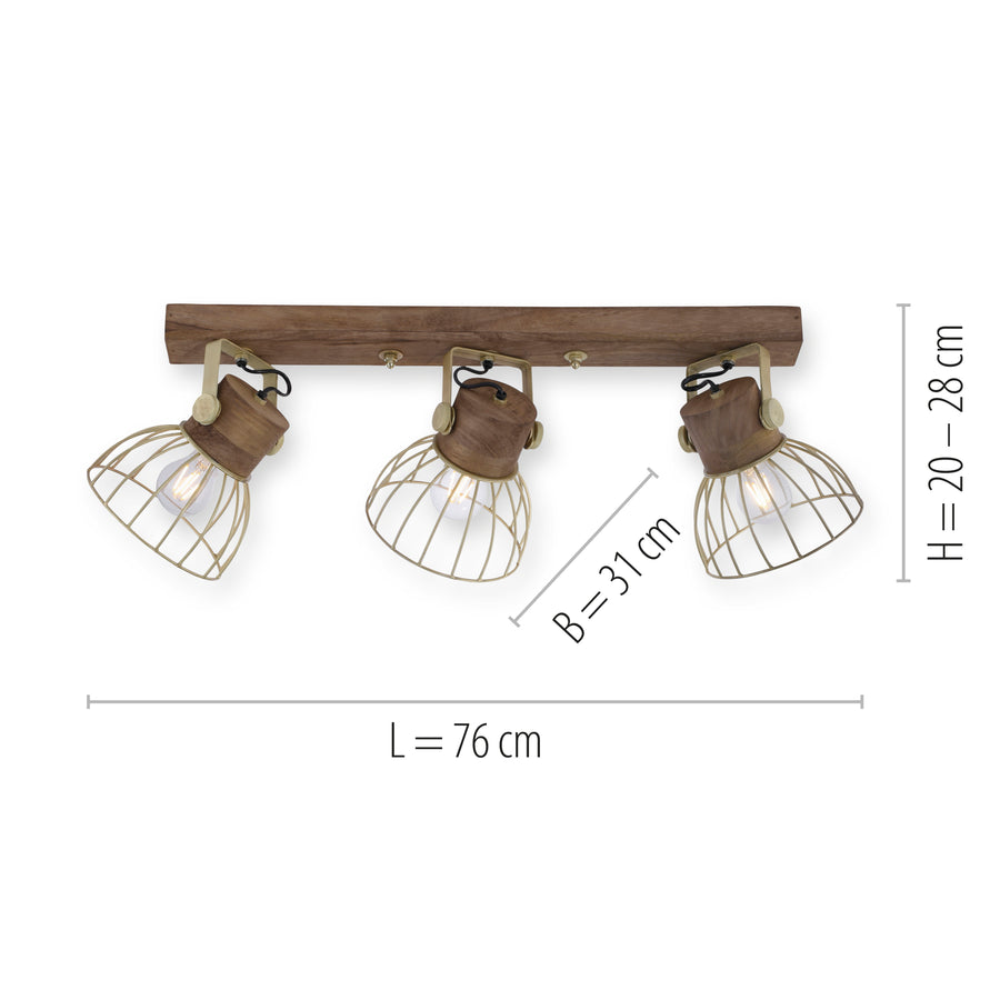 Plafonnier Alami 3 lumières laiton mat, bois