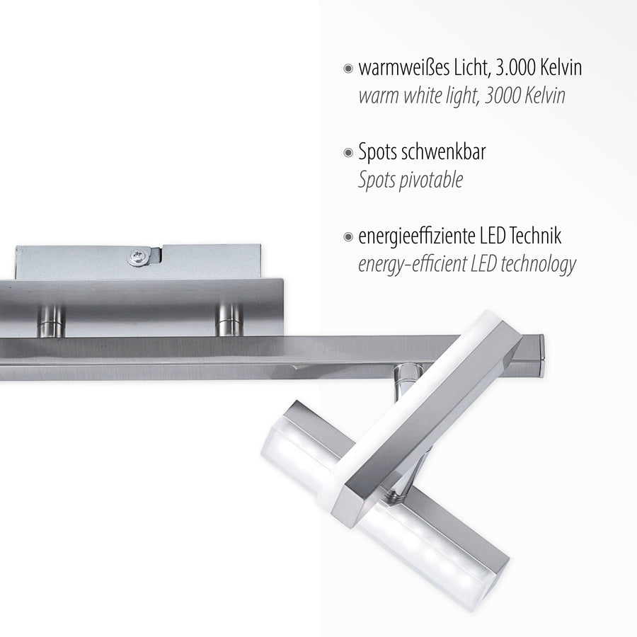 Détail du luminaire avec mentions lumière chaude, projecteurs orientables et technologie LED