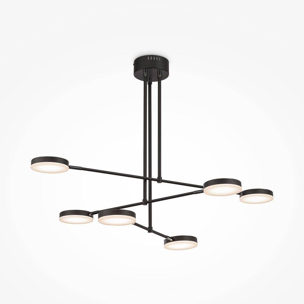 Luminaire suspendu noir à sept disques lumineux présenté de face sur fond blanc