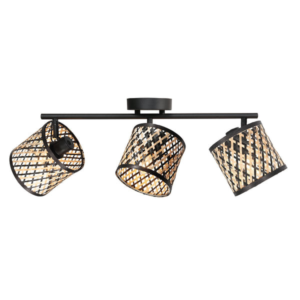 Spot Sumba noir, 3 lumières, abat-jour en bambou Ø12 cm
