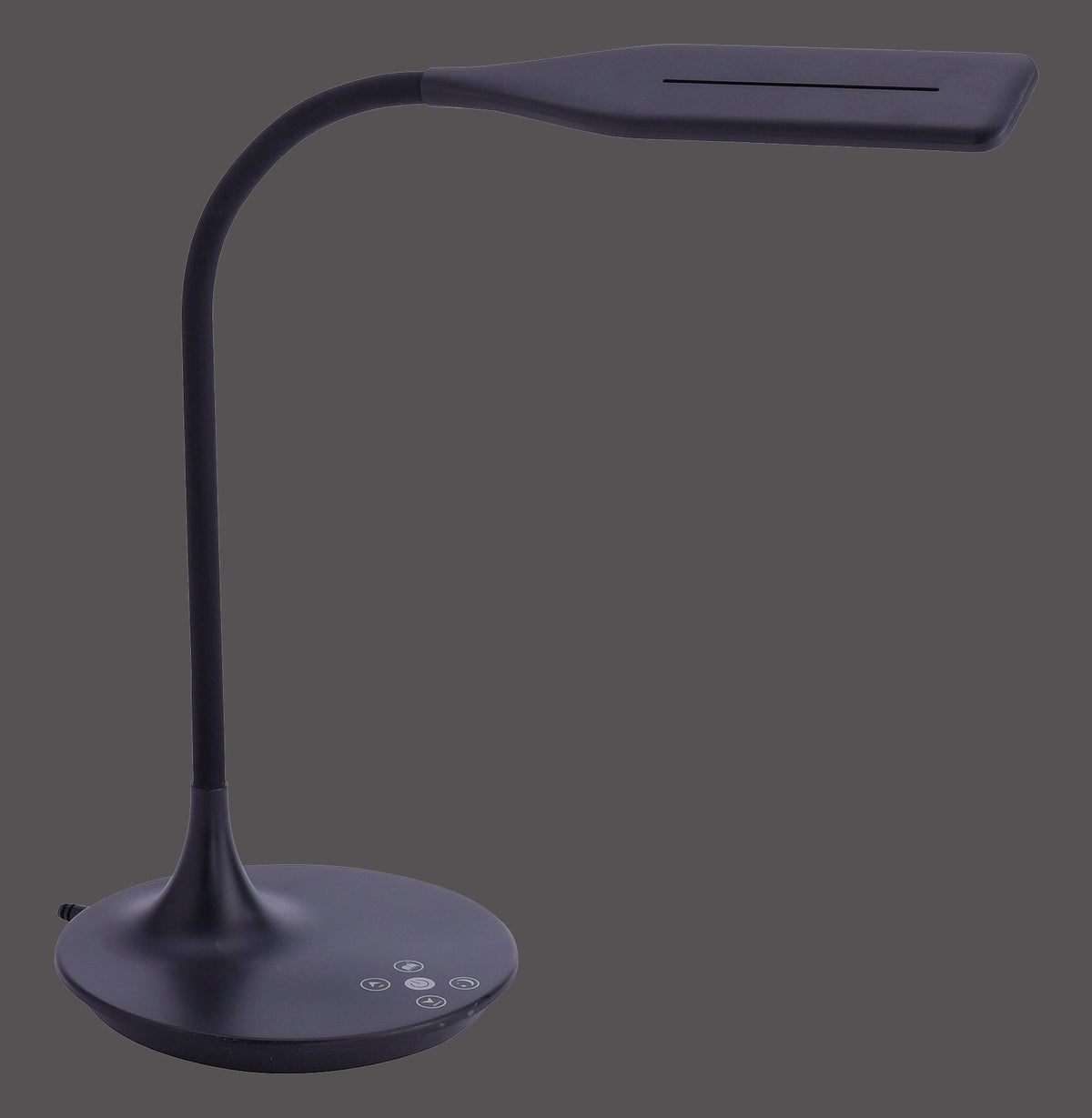 Lampe de bureau noire vue de profil sur fond gris, col flexible et base tactile.