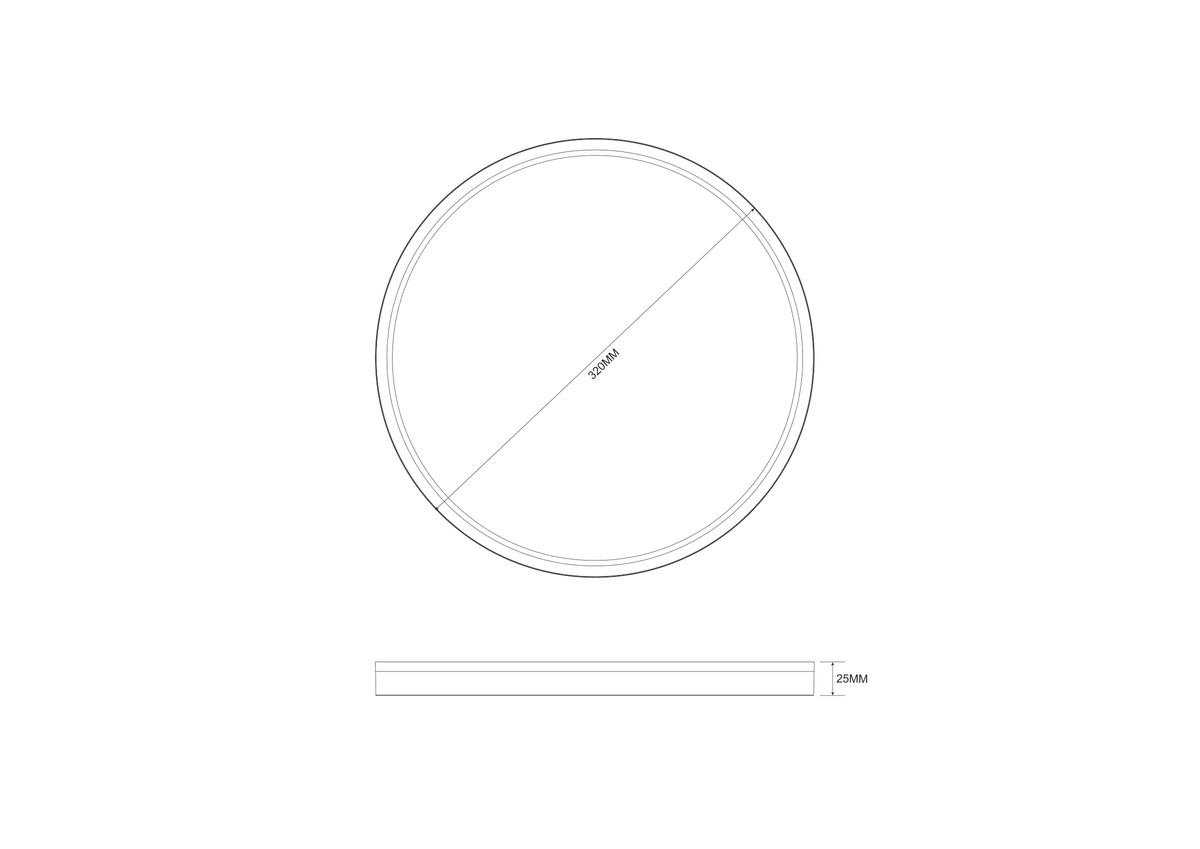 Schéma technique du luminaire rond avec diamètre 320 mm et épaisseur 25 mm