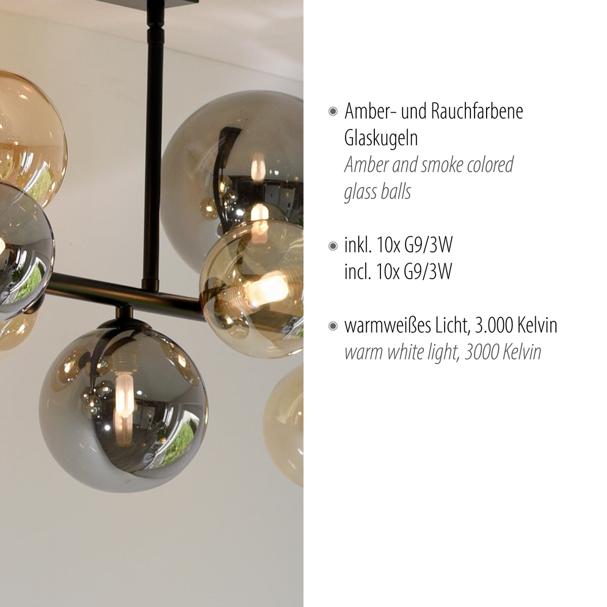 Détail des globes fumés et ambrés avec ampoules allumées et texte produit