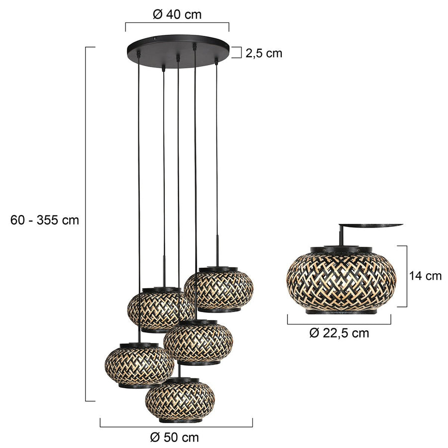 Suspension luminaire Nox Light noir, 5 lumières, abat-jour en bambou Ø22.5 cm