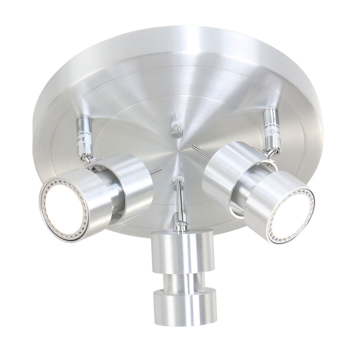 Vue de face du spot rond à trois projecteurs cylindriques orientables en acier brossé