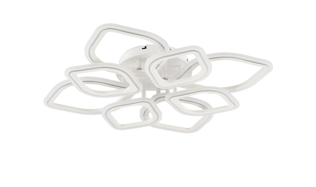 Vue de face du plafonnier blanc à huit boucles fines disposées en fleur