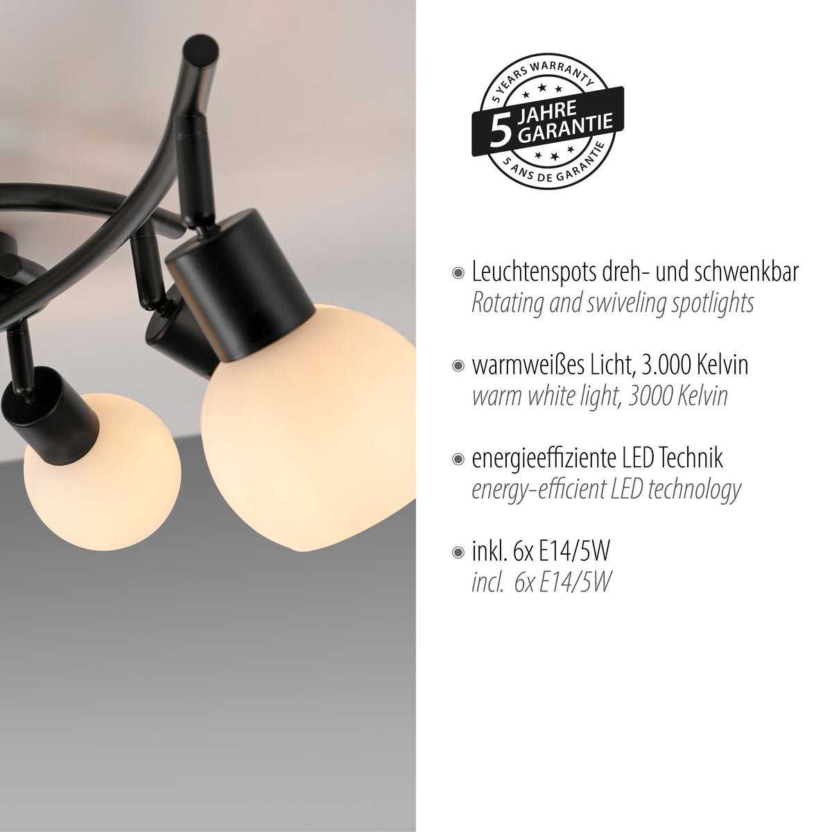 Gros plan sur les diffuseurs et mention de la garantie cinq ans