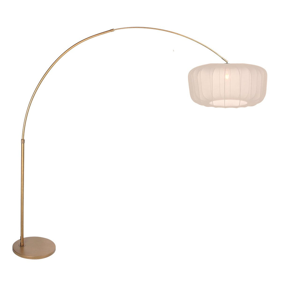 Lampadaire arc bronze, abat-jour plissé blanc Ø 60 cm | Sélva