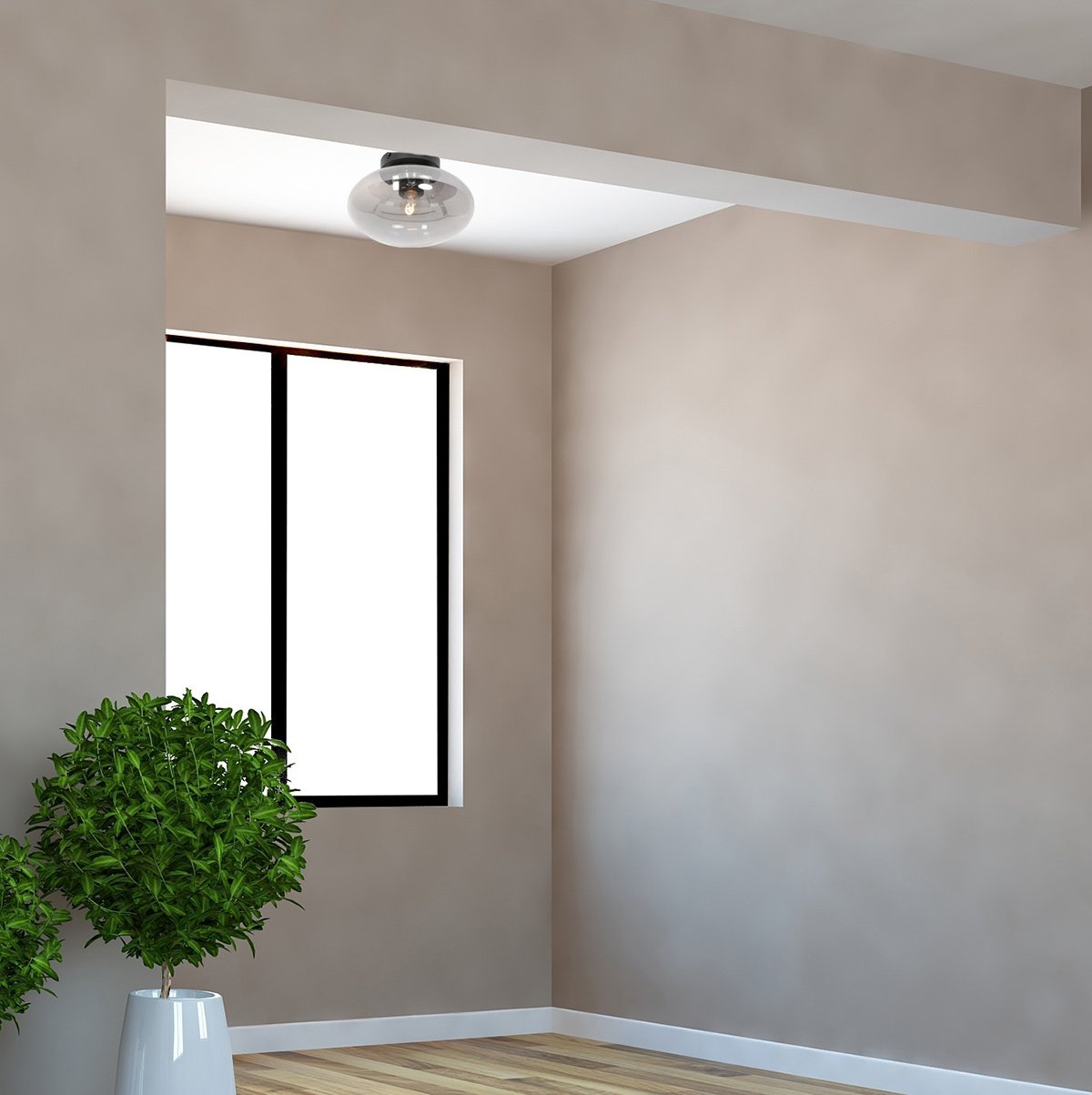 Mise en ambiance du plafonnier fixé au plafond d'une pièce beige avec plante