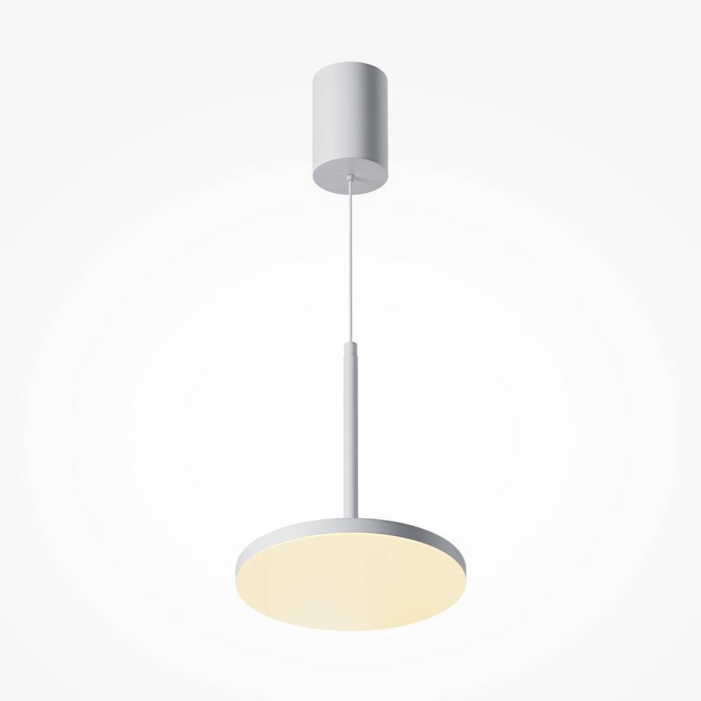 Vue de face du luminaire suspendu blanc, disque lumineux et tige centrale