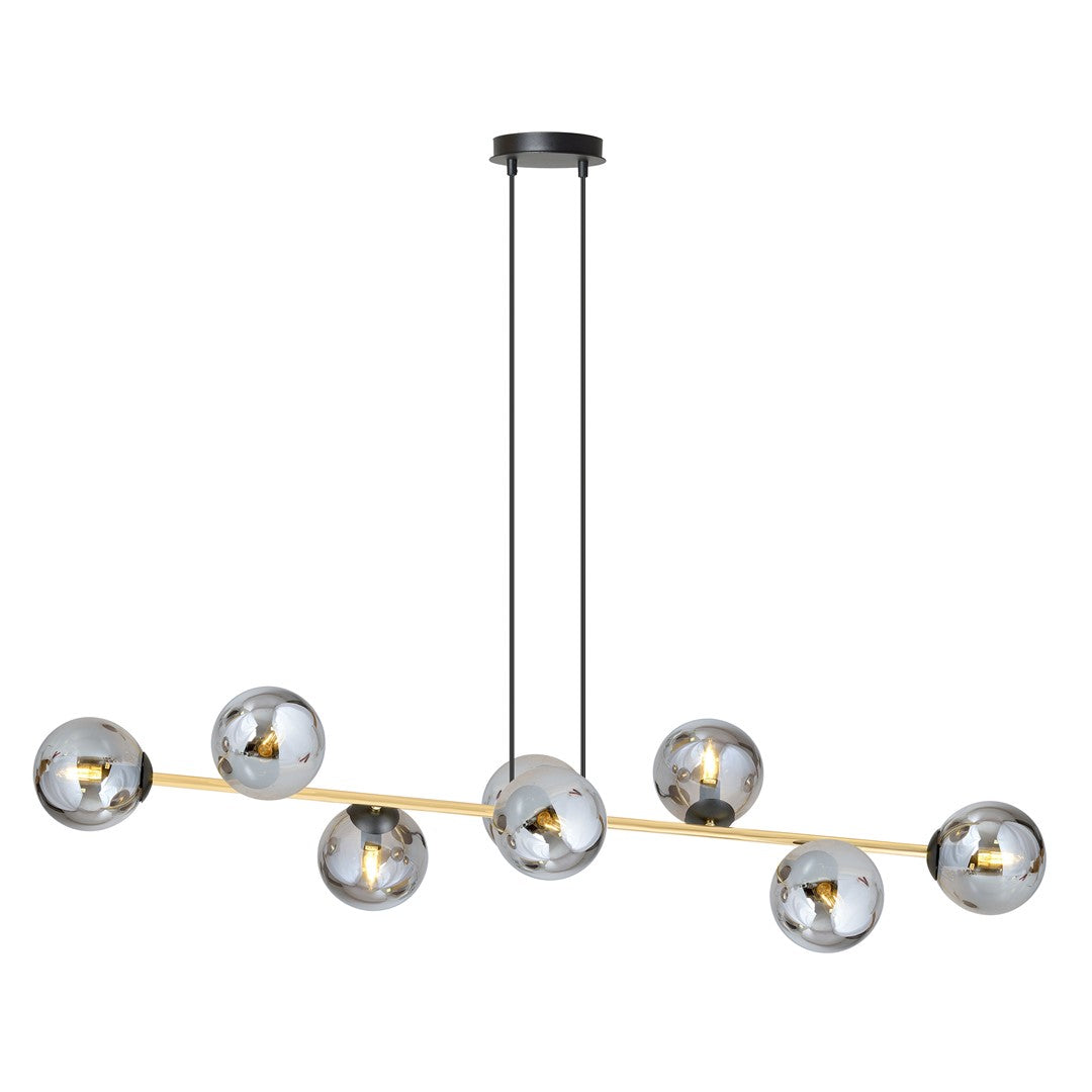 Suspension vue de face sur fond blanc, huit globes en verre graphite
