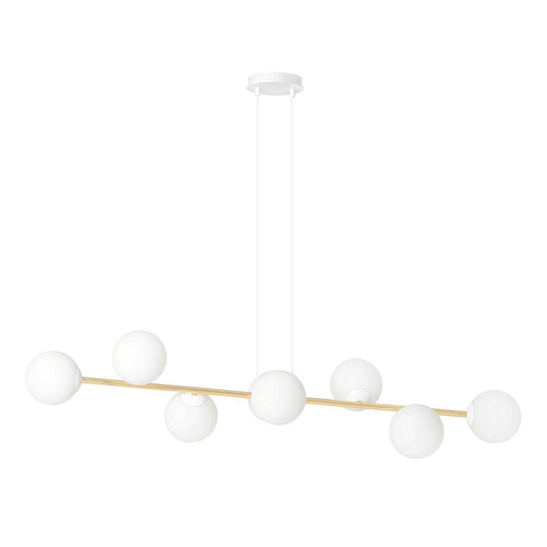 Suspension dorée avec huit globes blancs alignés horizontalement, présentée sur fond blanc.