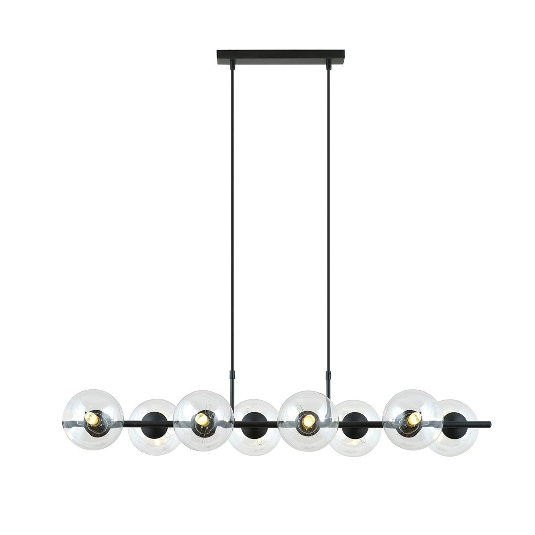Suspension linéaire noire à huit globes de verre transparent alignés, vue de face