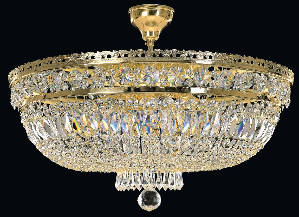 Plafonnier corbeille doré vu de face sur fond noir, pampilles de cristal