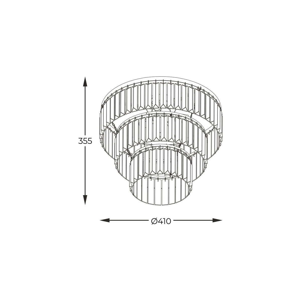 Schéma technique coté du plafonnier avec hauteur 355 mm et diamètre 410 mm